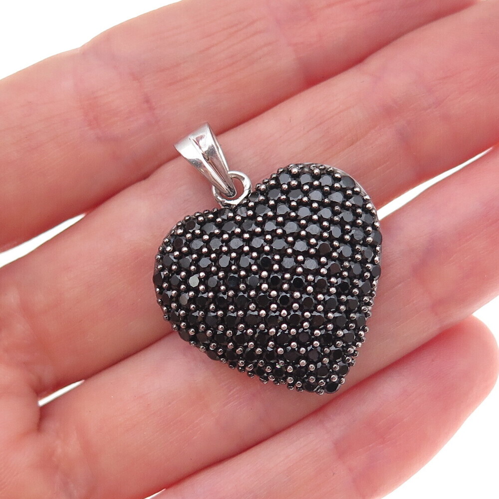 925 Sterling Silver Real Round-Cut Black Spinel Heart Charm Pendant